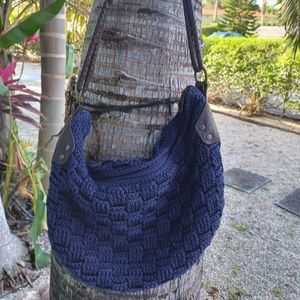 The Sak Navy Crotched w Leather handle Hobo style purse